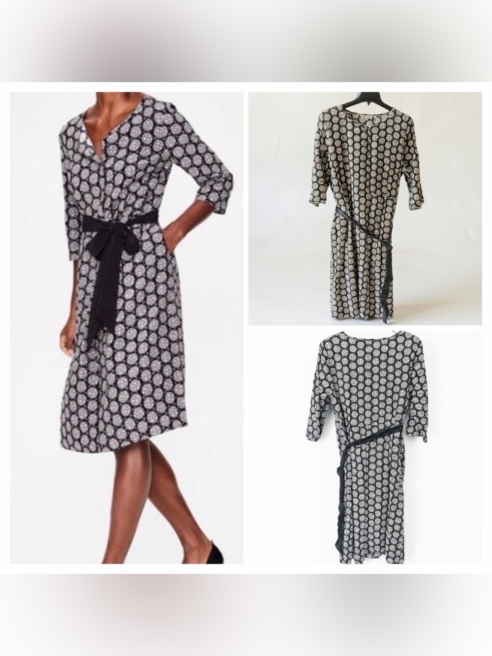 Boden Ottilie Black Starry Spot A-line Dress Waist Tie Drapey Career Size 14L